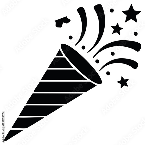 Party popper exploding with confetti and stars, silhouette design, celebration concept.