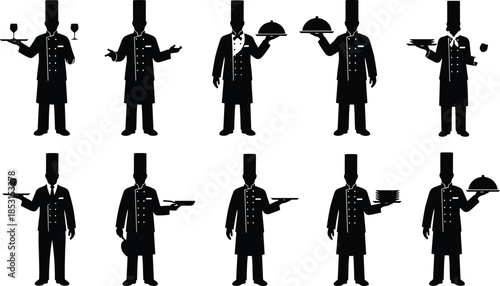 Professional chef and waiter service staff silhouette collection, serving food and beverages with trays, illustrating fine dining, catering, hospitality, and restaurant industry icons.