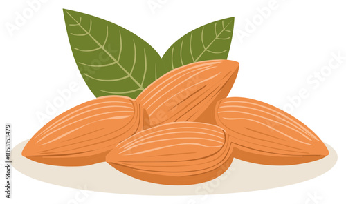 Illustration of a pile of almonds with green leaves on a light beige surface