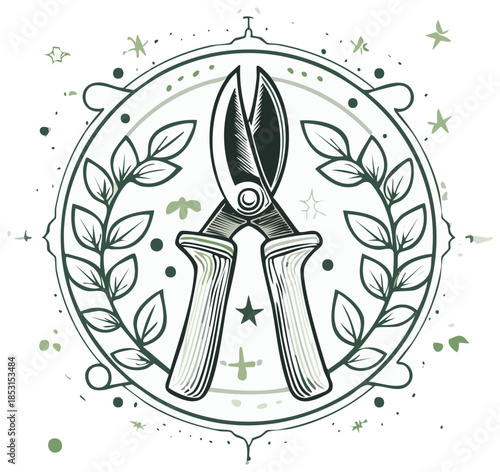 Gardening Clippers Emblem with Laurel Wreath and Celestial Accents