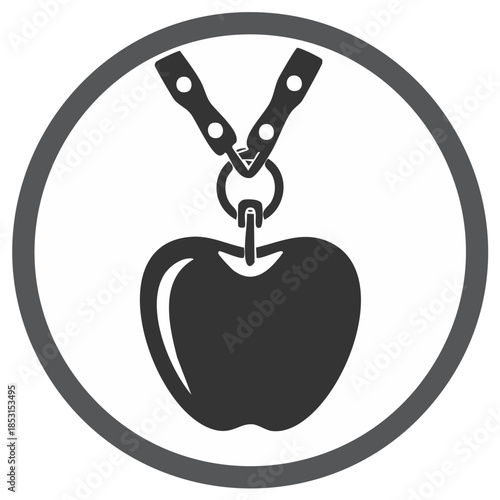 Minimalist dark grey apple icon hanging from a collar or harness strap design inside a circular border symbol
