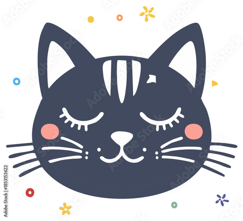 Cute sleeping cat face illustration with closed eyes rosy cheeks and whimsical colorful elements