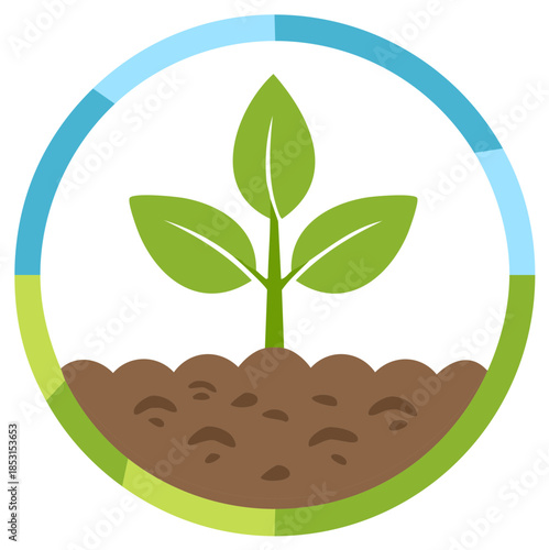 Green seedling growing in fertile soil within a vibrant circular environmental cycle graphic
