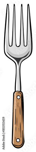 Drawn metallic fork with wooden handle, four tines, kitchen utensil illustration.