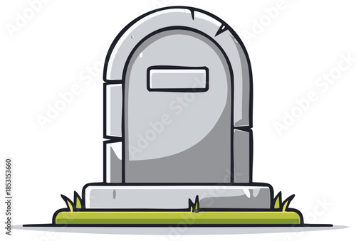 Cartoon style gray tombstone with green grass vector illustration isolated on white. Cemeteries, Halloween.