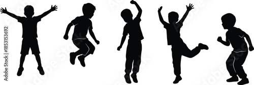 Silhouettes of active young boys jumping running and playing in energetic poses isolated on white background for childhood activity and fun cad drawing flat vector illustration