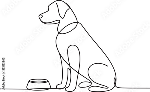 Continuous Line Art Illustration of a Dog Waiting Beside a Bowl in Organic Contour