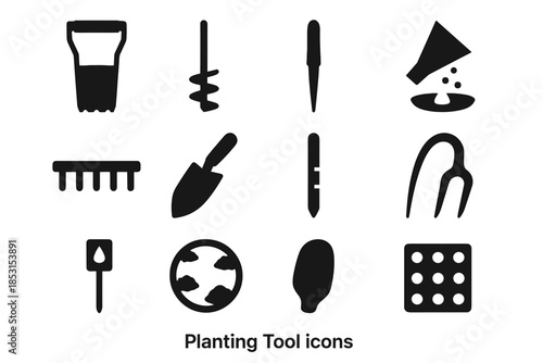 Pad tools planting funnel soil tube vector transplant rod tile spacing icons