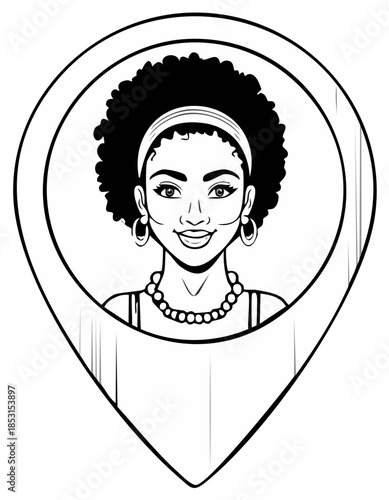 Smiling diverse woman avatar with afro hair in a GPS location map pin icon
