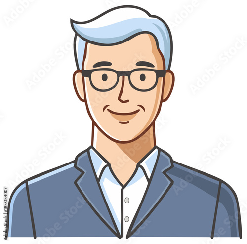 Cartoon Man in Suit and Glasses Portrait Cheerful Businessman with Silver Hair