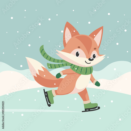 Cute fox ice skating in a snowy winter landscape. Card, illustration.