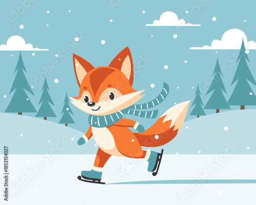Adorable fox ice skating in a snowy winter landscape. Card, illustration.