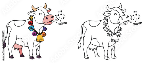 Funny Farm Animal Vector Graphic for Children's Activities Education and Coloring Book Design Adorable Singing Cow with Bright Bells Illustration and Coloring Page