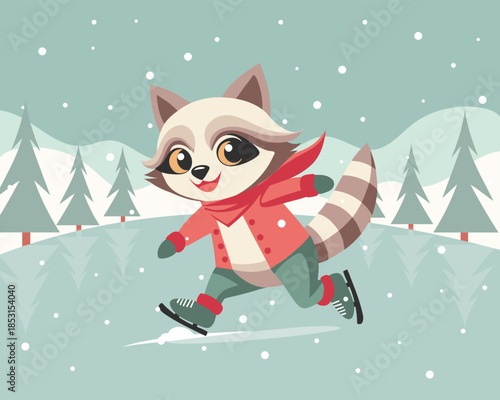 Cute raccoon ice skating in a snowy winter landscape. Card, illustration.