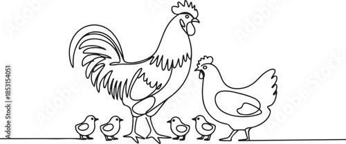 Cock, hen and chickens.one line vector illustration with out background.