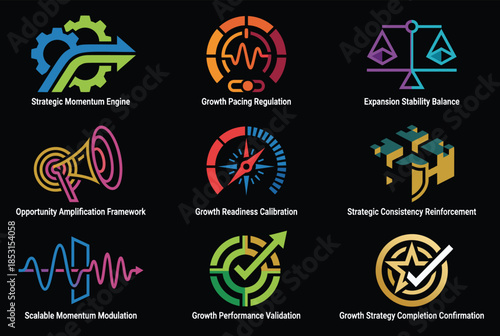 Business growth strategy icons for planning and development