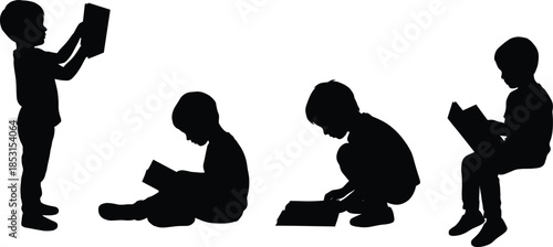 Silhouettes of young children reading books in different poses including sitting standing and crouching for education and literacy cad drawing flat vector illustration