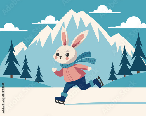 Cute rabbit  ice skating in a snowy mountain landscape. Card, illustration.