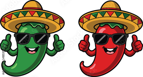 Cartoon chili pepper duo with sombreros, sunglasses, and double thumbs-up for festive Mexican food and cultural themes.