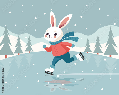 =Cute rabbit  ice skating in a snowy winter landscape. Card, illustration.