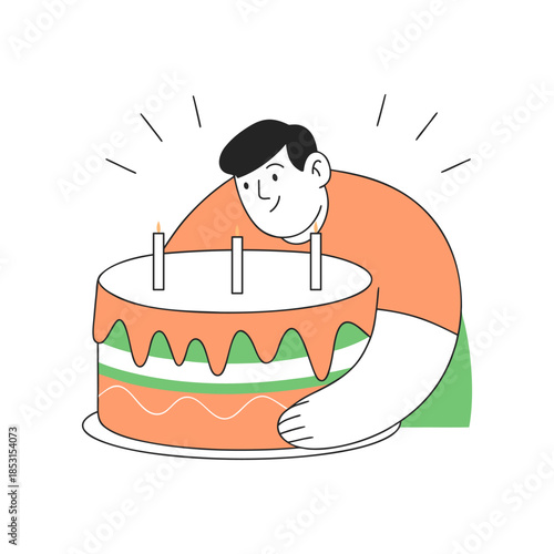 Man with a cake and lit candles. A smiling man holds a birthday cake. Doodle illustration.