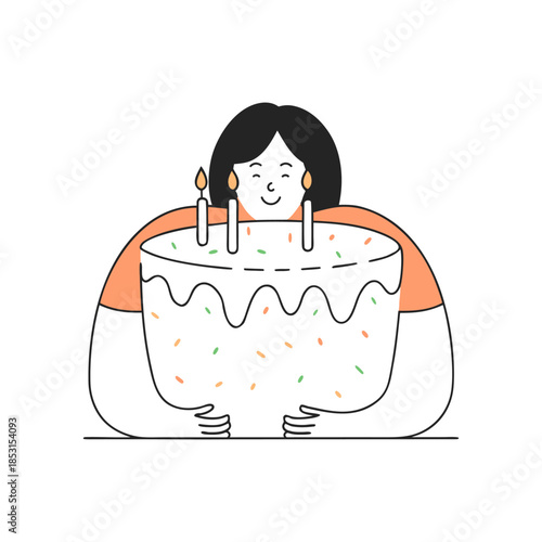 Cute girl with birthday cake. Smiling person holding a festive cake. Doodle illustration.