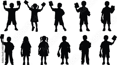 Children reading silhouette set with twelve expressive poses holding books for education, literacy, and learning themes.