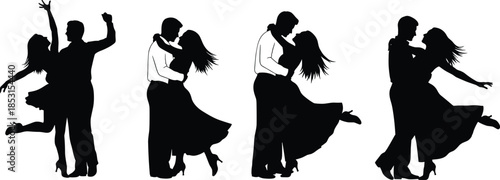 Dancing couple silhouette set with four expressive poses for rhythm, elegance, and partner dance themes.