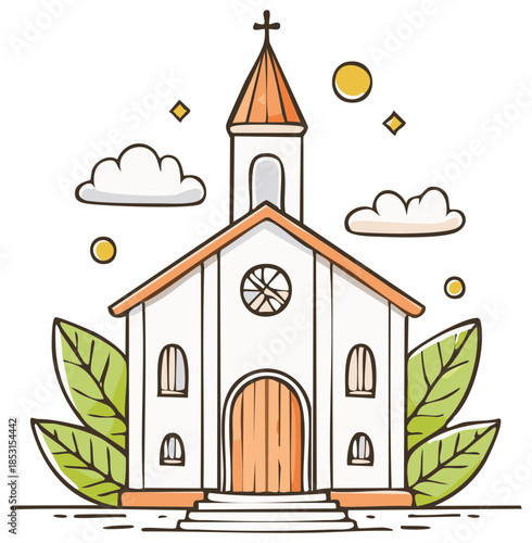 Doodle church building with steeple clouds and green leaves in simple flat style