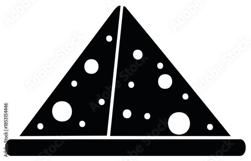 Simple geometric illustration of a slice of pizza with holes representing cheese or toppings