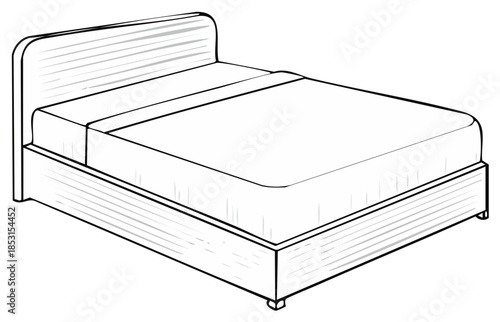 Black and White Bed Sketch with Headboard Isolated View