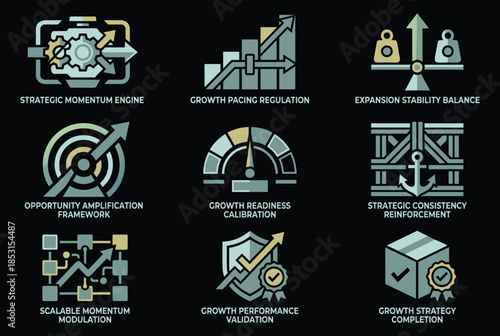 Business growth strategy icons for corporate success and development