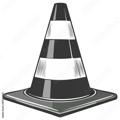 Black and white striped safety cone for traffic or construction isolated, illustration