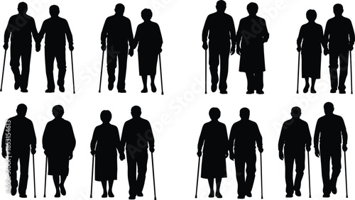 Elderly couple silhouette set walking together with canes and varied poses for aging, companionship, and care themes.