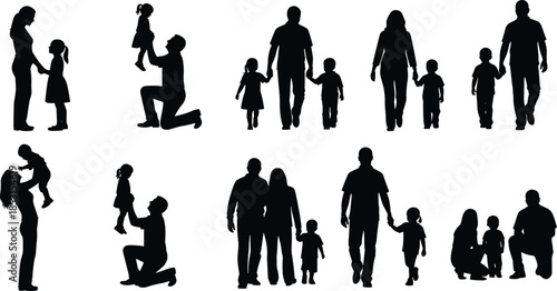 Family interaction silhouette set with adults and children in playful, affectionate poses for parenting and lifestyle themes.