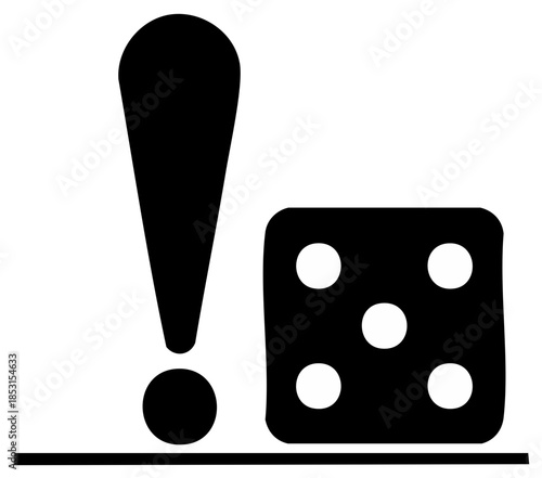Exclamation mark and a five-sided die represent risk and chance