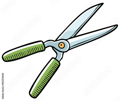 Illustration of garden shears with green handles and sharp silver blades open