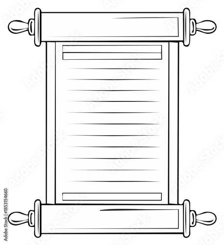 Ancient scroll with wooden rollers displaying lined text and blank space