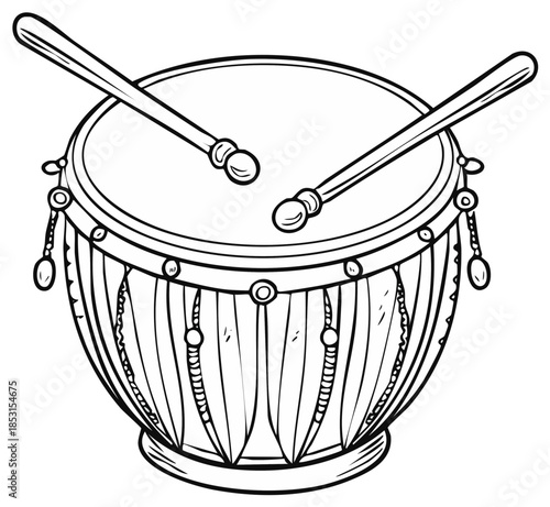 Percussion Instrument Drum with Sticks Illustration Outline
