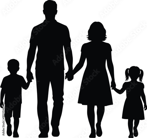 Family silhouette illustration with two adults and two children holding hands for unity, parenting, and lifestyle themes.