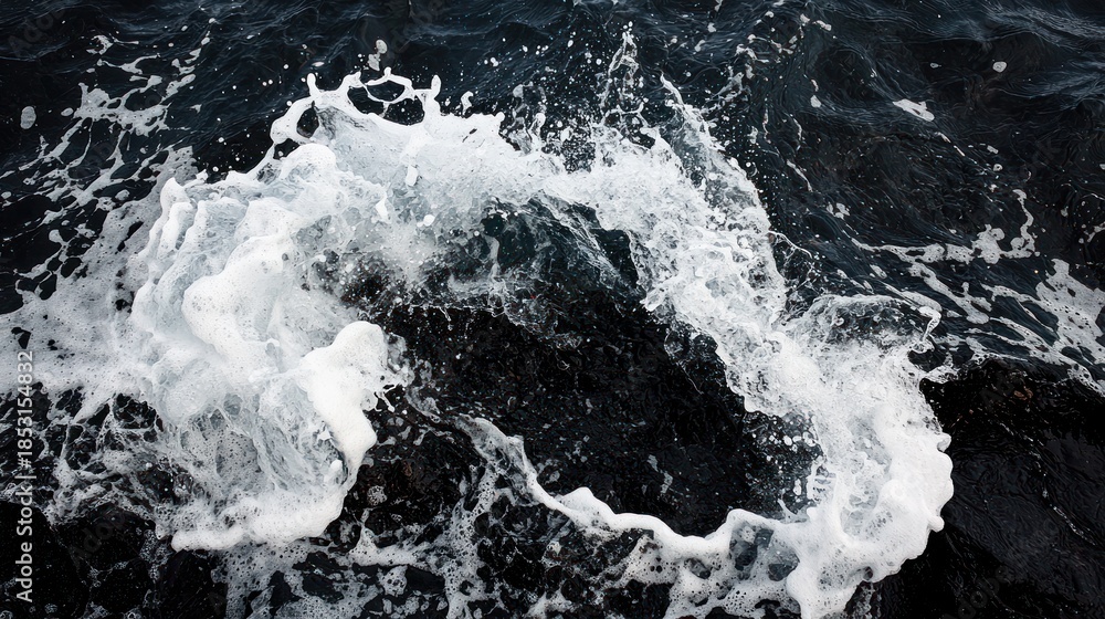 Obraz premium A dramatic, high-angle shot captures a dynamic water splash in dark, choppy water. White foam contrasts with the dark