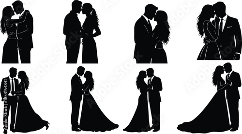 Formal couple silhouette set with eight romantic poses including kissing, embracing, and holding close for wedding and love themes.