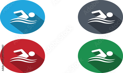 Set of Swimming Icons in Flat Design Style with Long Shadow for Water Sports and Fitness App Interface.