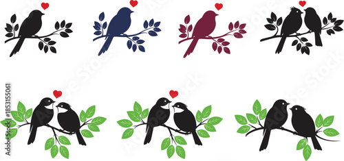 Lovebird silhouette set with single and paired birds on leafy branches and red hearts for romantic nature themes.
