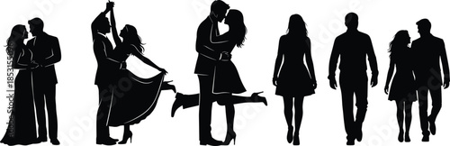 Romantic and social silhouette set with couples and individuals in dancing, walking, and affectionate poses for lifestyle themes.