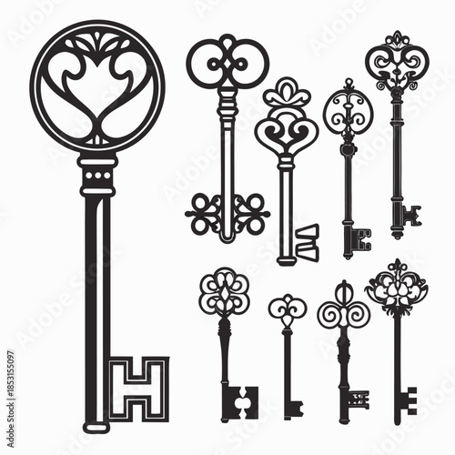 Vector illustration collection of four black and white icons on with graphs and symbols