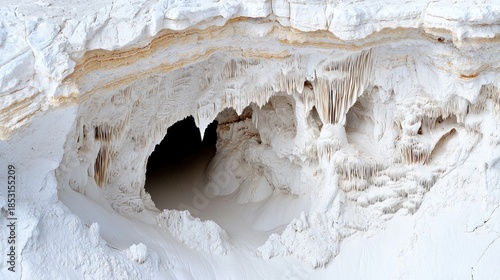 A sculpted white cave with layered textures and shadowy interior, resembling a natural formation. Stalactites