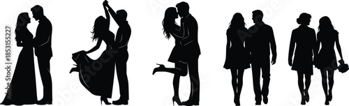 Romantic couple silhouette set with five diverse poses including dancing, kissing, walking, and bouquet for love themes.