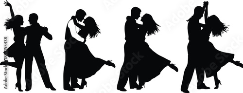 Romantic dance silhouette set with four expressive couple poses for rhythm, elegance, and partner connection themes.