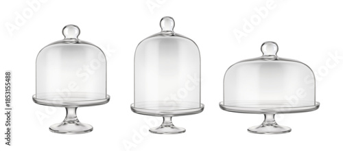 3d realistic vector icon illustration. Set of transparent glass cloche, cake stands isolated on white background.